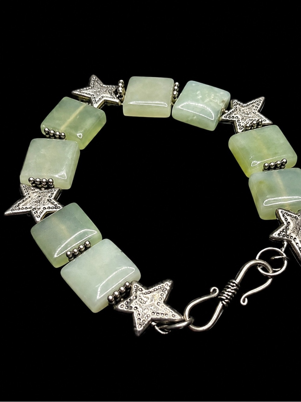Sterling Silver Green Stone Bracelet Star Link Toggle Hook 7” Natural Stone